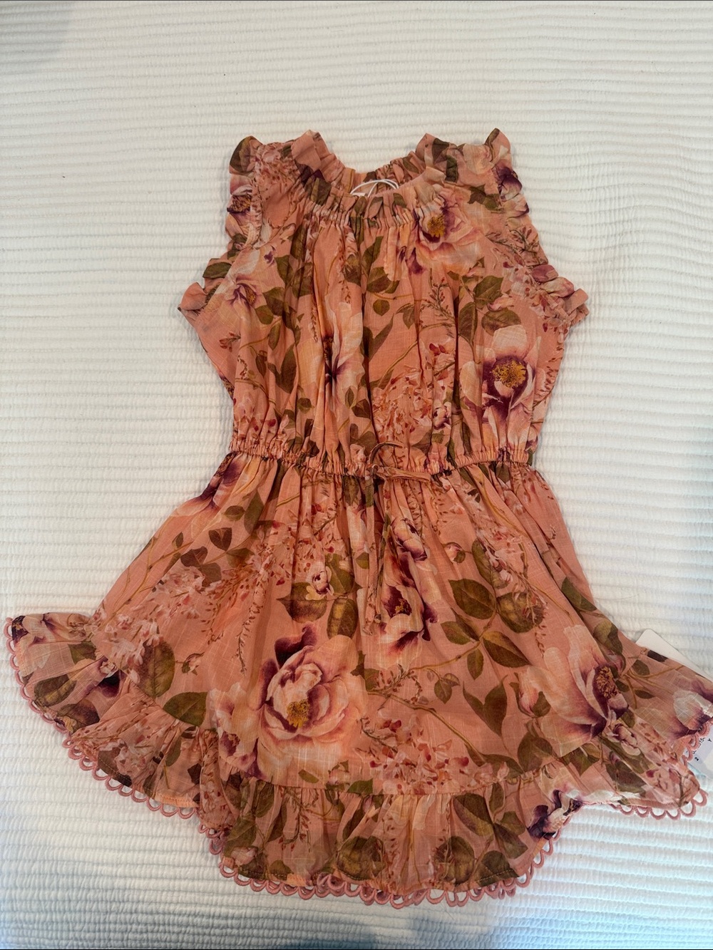 Zimmermann Girls' Floral Ruffle Romper Dress in Peach Pink Size 2